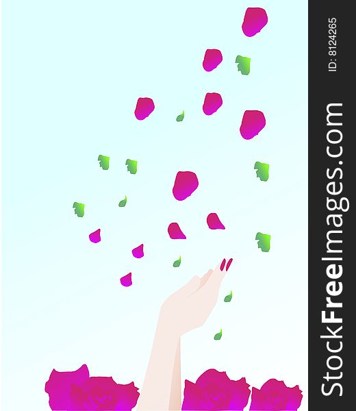 Female hand catching falling rose petals and leaves. Female hand catching falling rose petals and leaves