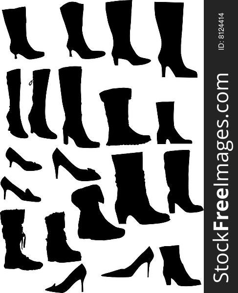 Collection of footwears silhouettes isolated on white background. Collection of footwears silhouettes isolated on white background