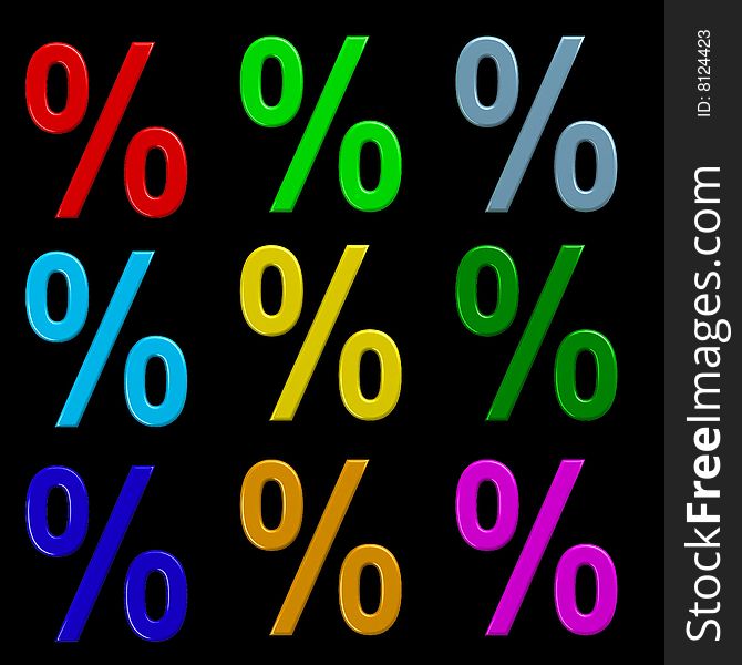 Colorful percent symbols isolated on black. 3D render