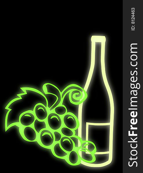 Outline of a neon wine bottle with grapes isolated on a black background. Outline of a neon wine bottle with grapes isolated on a black background.