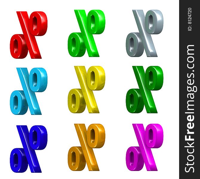 Colorful percent symbols isolated on white. 3D render