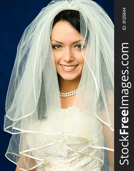 Studio portrait of a beautiful brunette bride against blue background