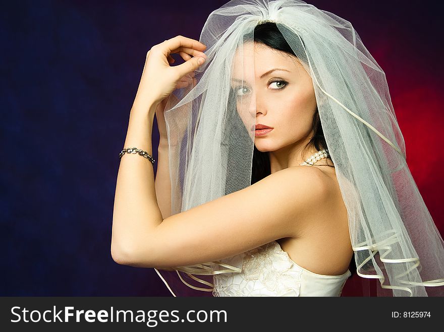 Studio portrait of a beautiful sexy brunette bride holding her veil