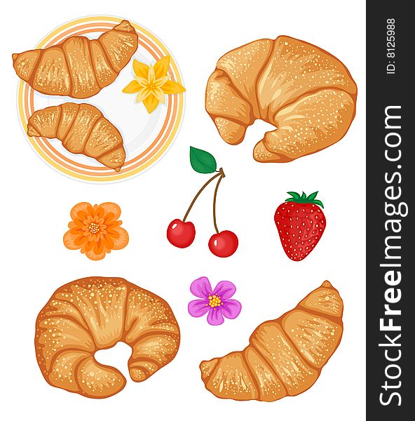 Set of tasty croissants and some fruits isolated on white
