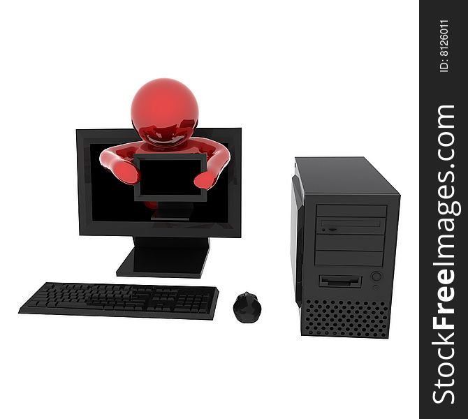 3d render of person in computer with monitor. Isolated on white background.