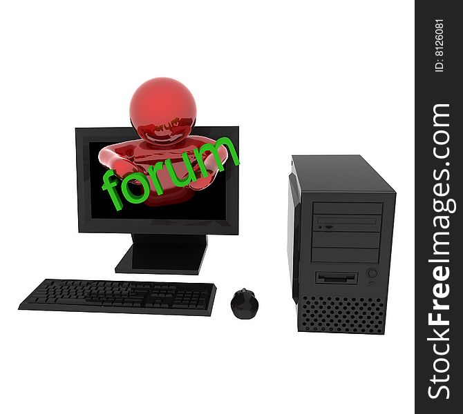 3d render of person in computer with text Forum. Isolated on white background.