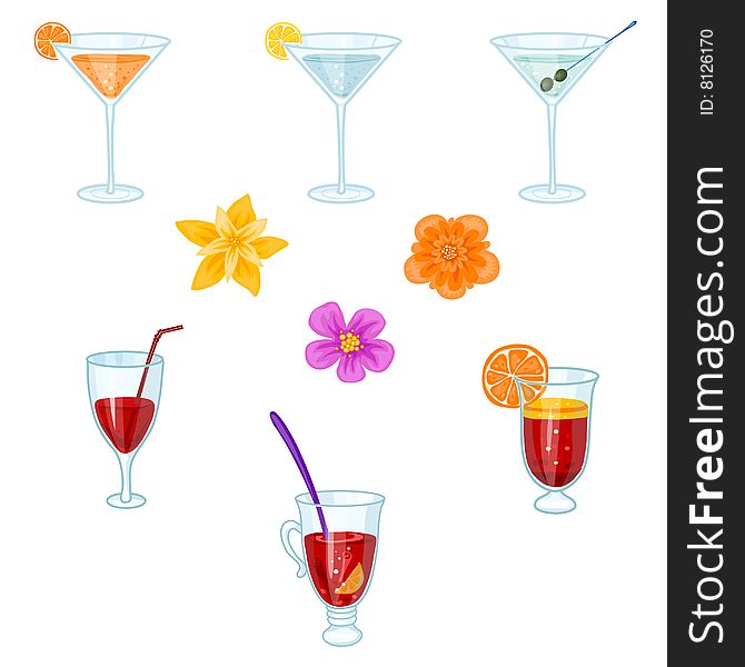 Drinks and flowers isolated on white