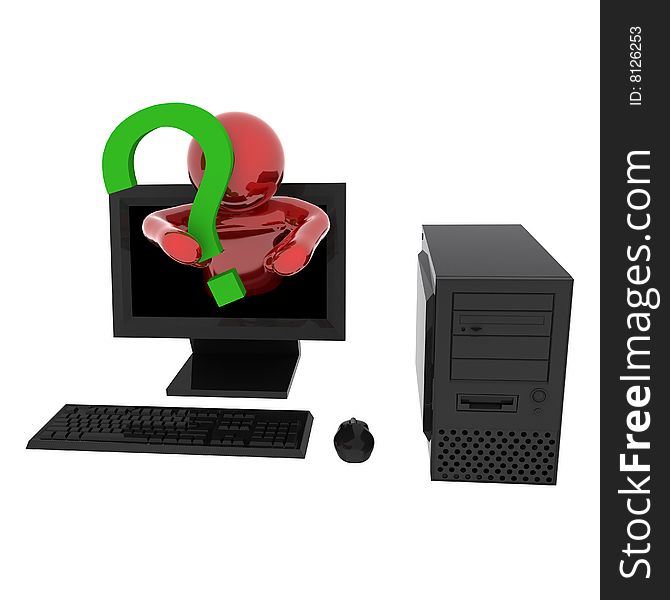 3d render of person in computer with question mark. Isolated on white background.