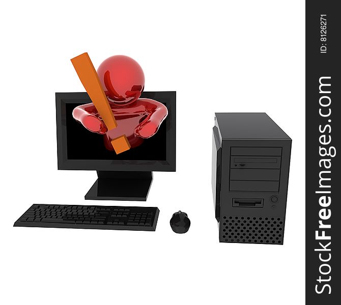 3d render of person in computer with exclamation mark. Isolated on white background.