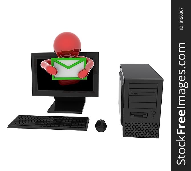 3d render of person in computer with letter. Isolated on white background.