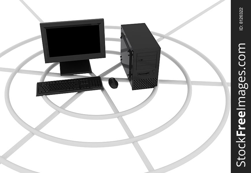 3d render of black computer. Monitor, keyboard, mouse. 3d render of black computer. Monitor, keyboard, mouse.