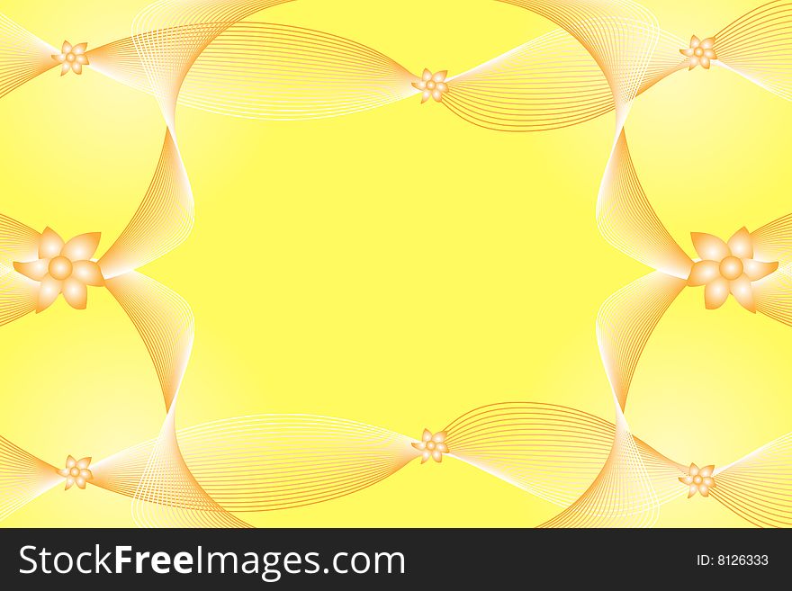 Wavy mesh lines in shades of orange and white on a yellow or lemon background decorated with peach gradient flowers. Wavy mesh lines in shades of orange and white on a yellow or lemon background decorated with peach gradient flowers