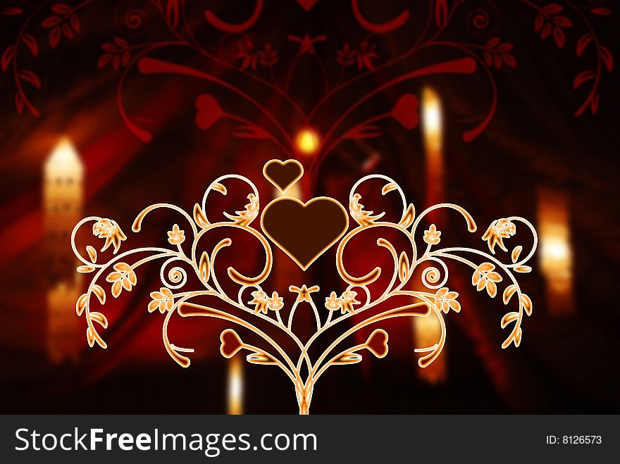 Glowing floral and heart pattern with beautiful light effects in the background. Glowing floral and heart pattern with beautiful light effects in the background