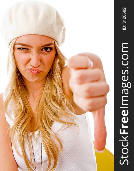 Side view of beautiful woman looking at camera on an isolated white background