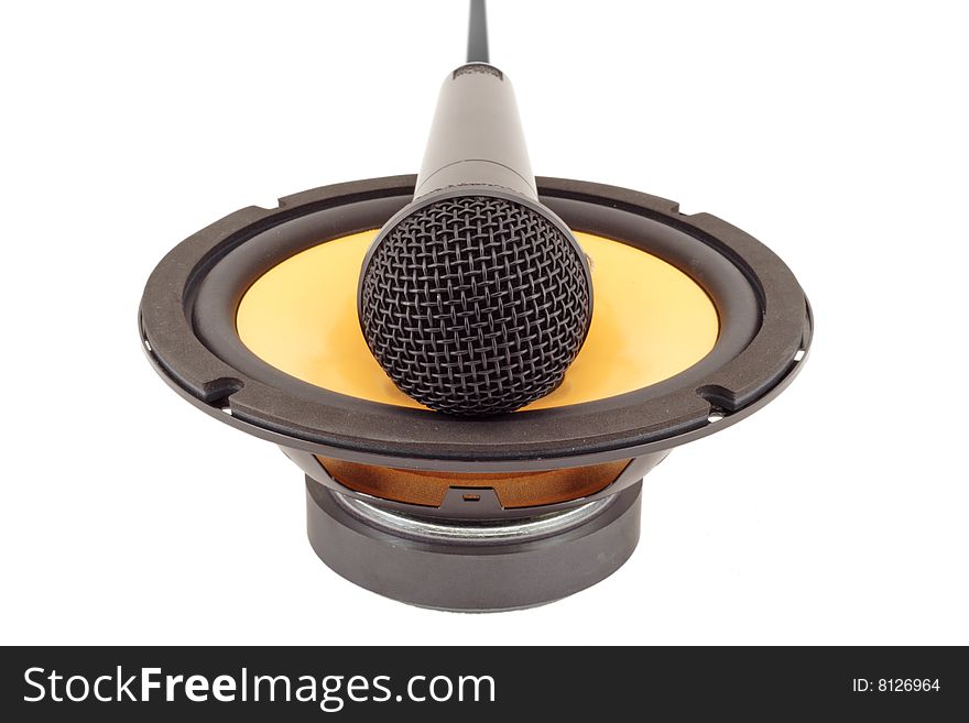 Microphone on the speaker. Straight view.White background.