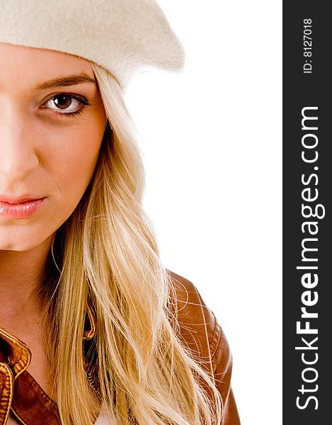 Side view of beautiful woman looking at camera on an isolated white background