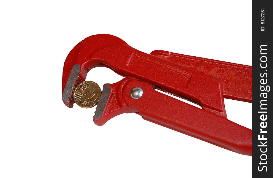 50 cents are clamped in a vice isolated on a white background. 50 cents are clamped in a vice isolated on a white background