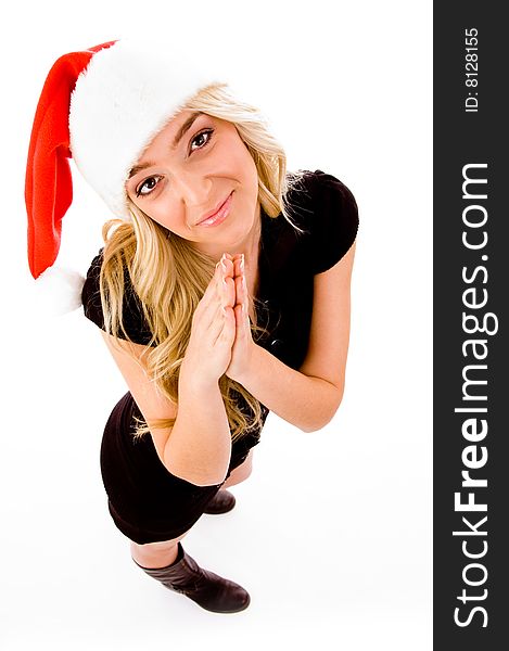 Side view of beautiful woman looking at camera on an isolated white background