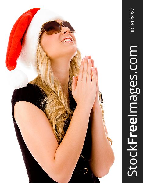 Side view of beautiful woman looking at camera on an isolated white background