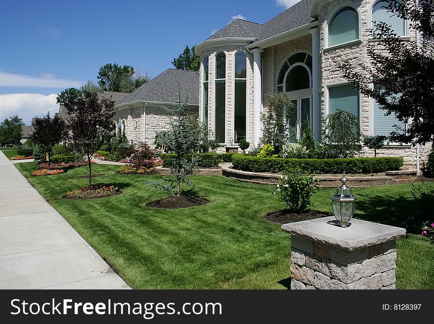 Beautiful house with flowers, trees in USA. Beautiful house with flowers, trees in USA