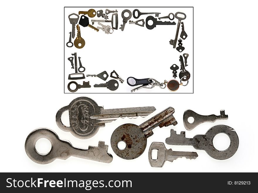 The frame is made of old and new various keys on a white background