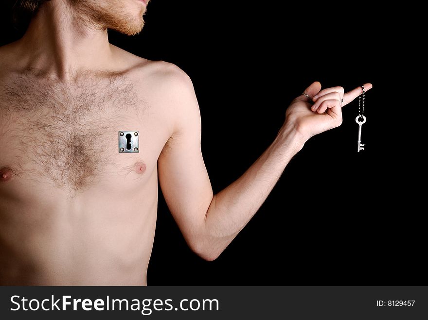 Body of the man with a keyhole on a black background