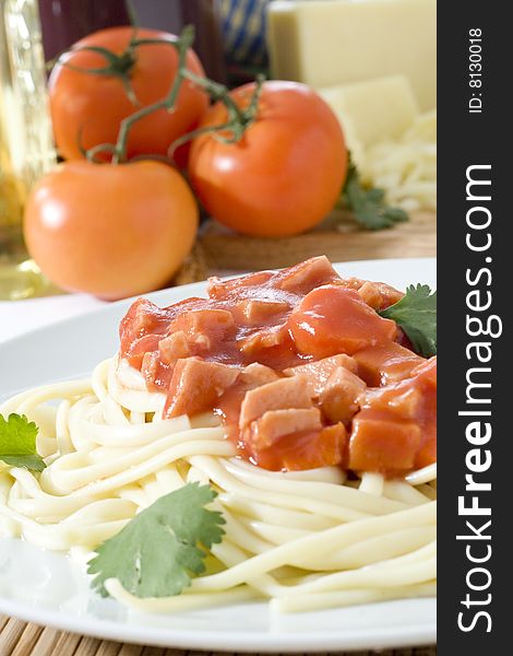 Close up shot of spaghetti on white plate with nice background. Close up shot of spaghetti on white plate with nice background