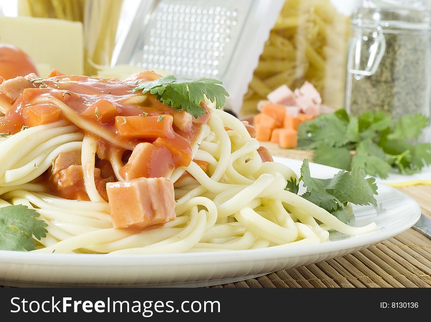Freshly cooked spaghetti with tomato sauce