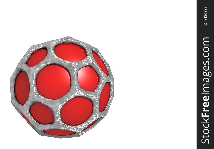 Reflective Red Sphere caged inside a hard grey shell.