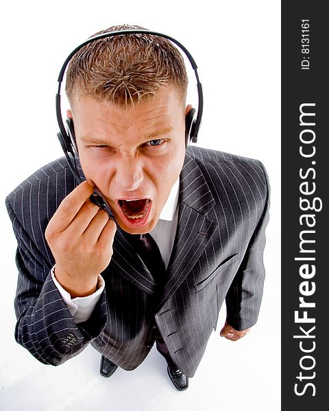 Man shouting on phone call with white background