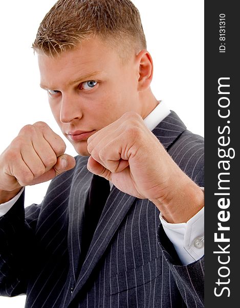Professional showing boxing gesture against white background. Professional showing boxing gesture against white background