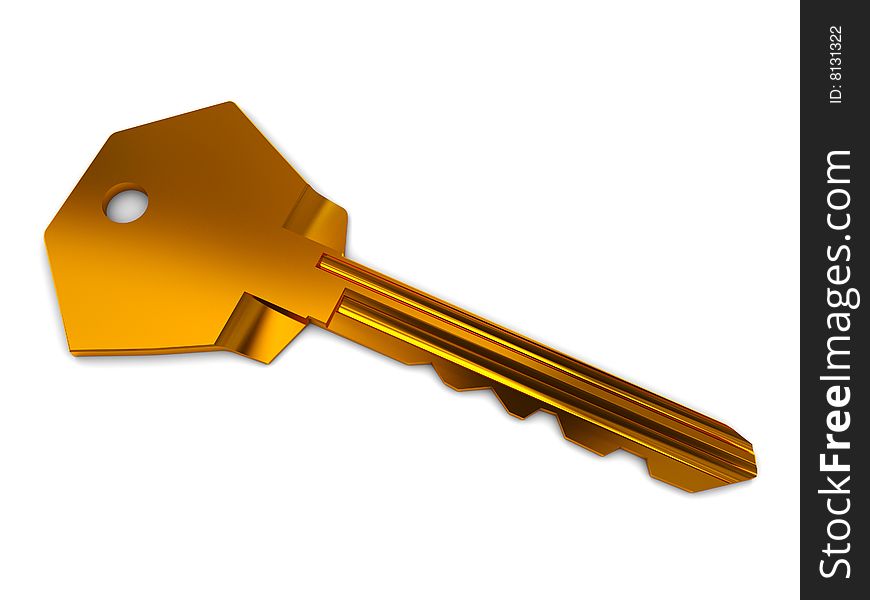 3d illustration of golden key over white background