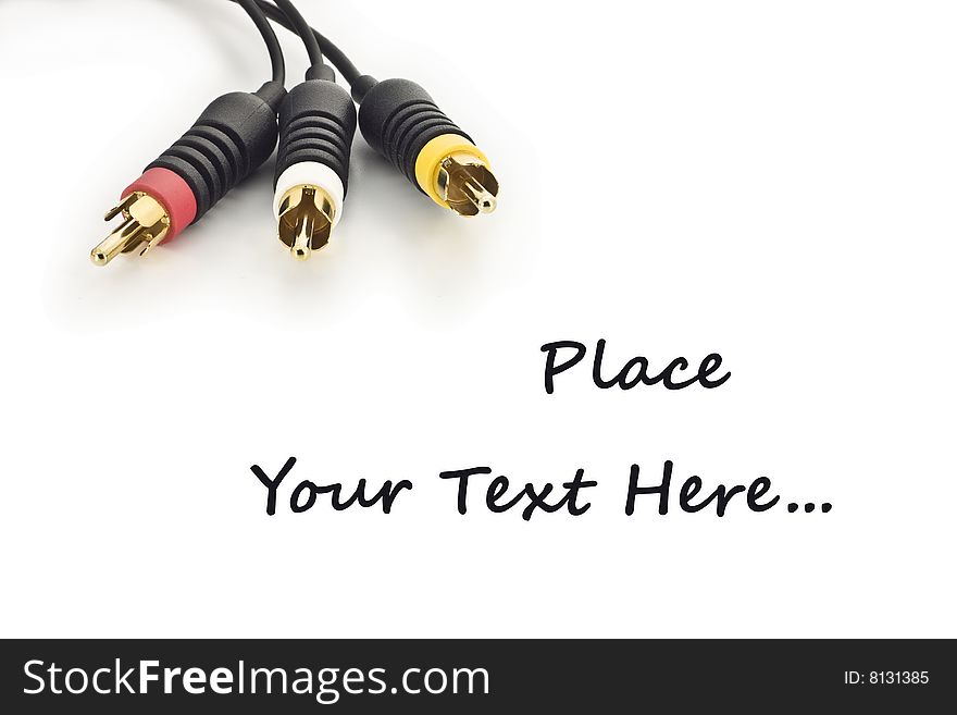 RCA style audio/video cables with gold plated connectors isolated on white. RCA style audio/video cables with gold plated connectors isolated on white