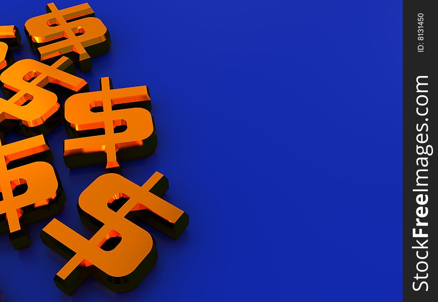 Abstract 3d illustration of dollar signs over blue background. Abstract 3d illustration of dollar signs over blue background