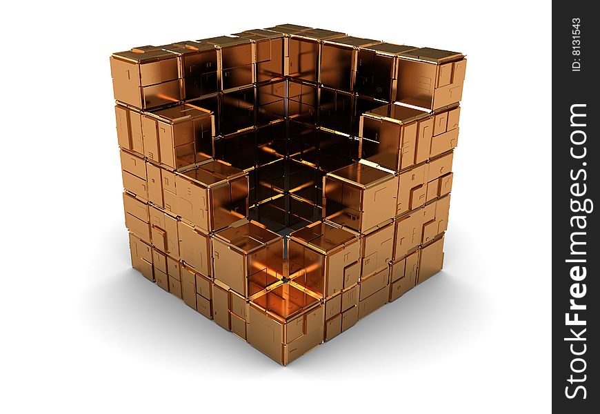 3d illustration of golden cube built from blocks. 3d illustration of golden cube built from blocks