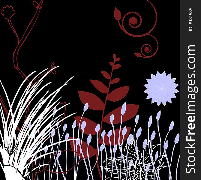 A floral design including grass, flowers, stems and swirls randomly placed over a solid black background. A floral design including grass, flowers, stems and swirls randomly placed over a solid black background.