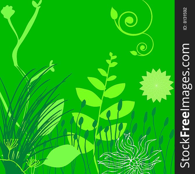 A floral design including grass, flowers, stems and swirls randomly placed over a solid green background. A floral design including grass, flowers, stems and swirls randomly placed over a solid green background.