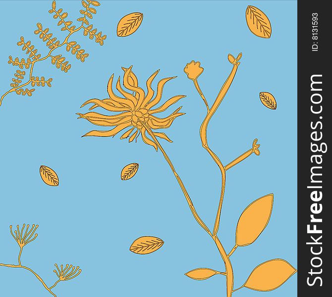 A floral design of yellow plants and leaves over a solid blue background. A floral design of yellow plants and leaves over a solid blue background.