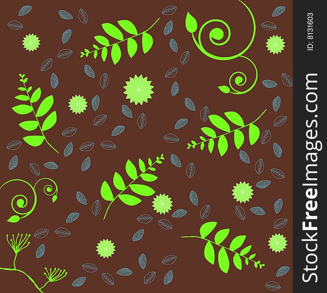 A floral design in retro colors including grass, flowers, stems and swirls randomly placed over a solid brown background. A floral design in retro colors including grass, flowers, stems and swirls randomly placed over a solid brown background.