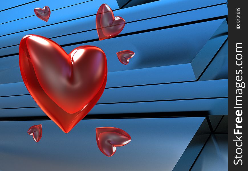 Abstract 3d illustration of red hearts over blue background. Abstract 3d illustration of red hearts over blue background
