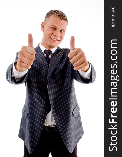 Smiling handsome businessman showing thumb up with both hands on an isolated white background. Smiling handsome businessman showing thumb up with both hands on an isolated white background