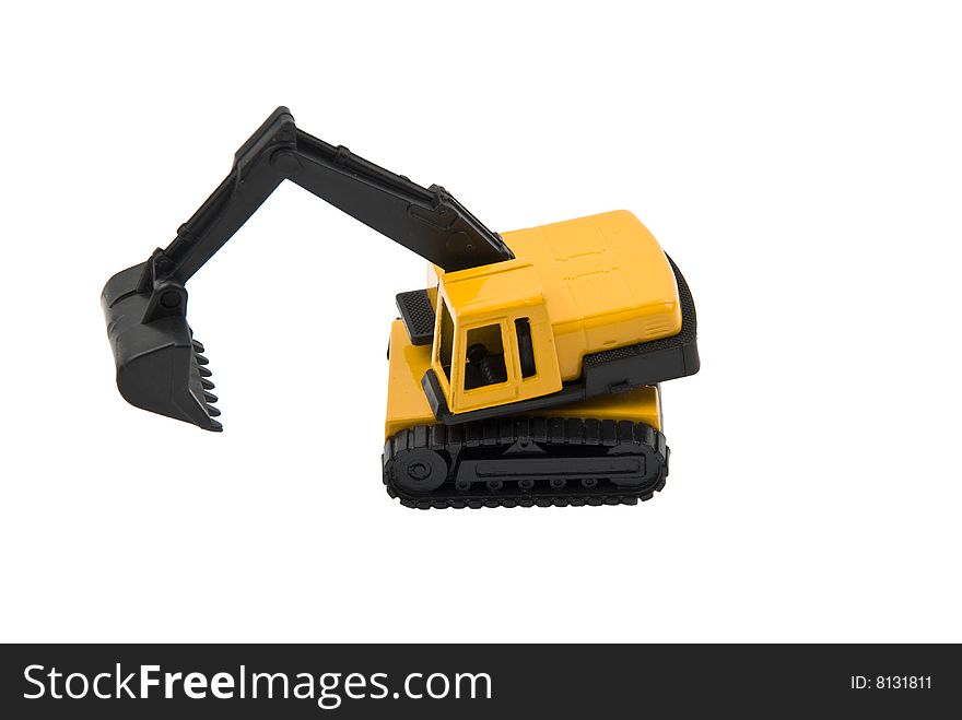 Small hydraulic excavator toy isolated on white background.Also,check out  <a href=http://www.dreamstime.com/workers-and-tools-rcollection8996-resi828293>Workers and tools</a>