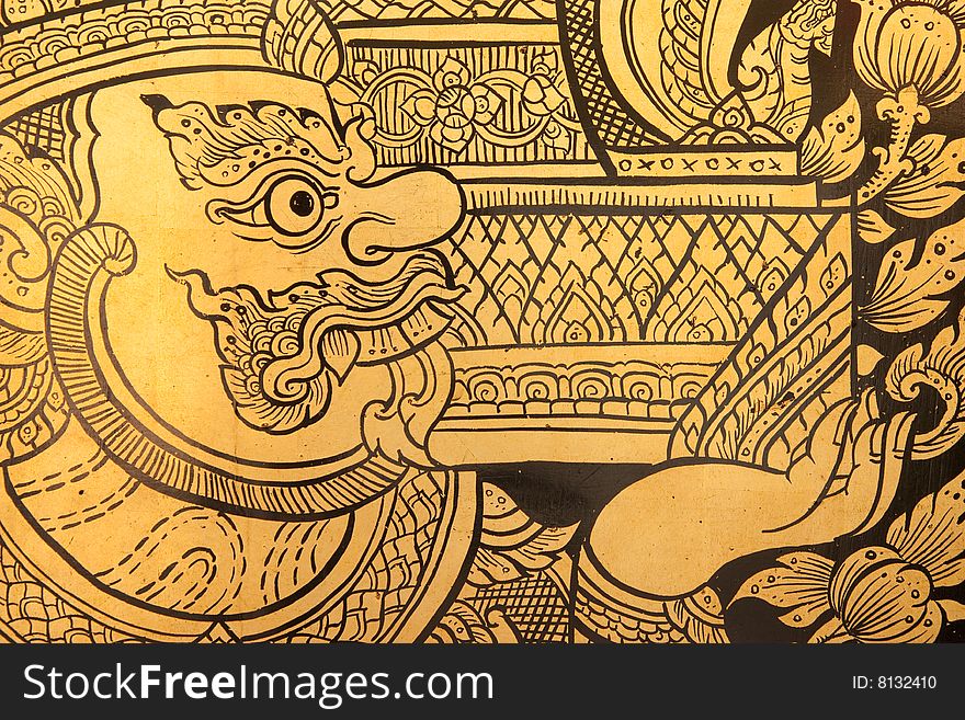 Thai traditional style giant painting, coated with real gold plate. Thai traditional style giant painting, coated with real gold plate.