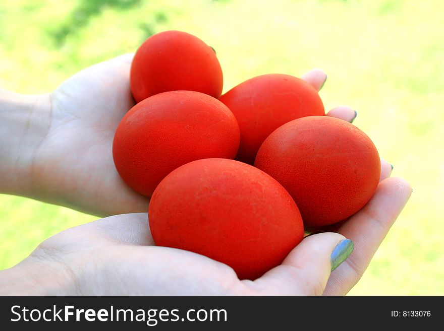 Easter red eggs on the hand.