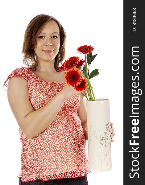 Studio photo of beauty pregnant woman with flower