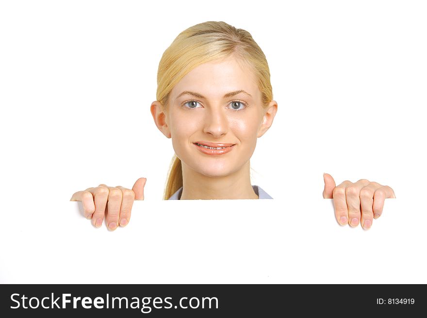 Business Woman looking over blank card in the studio