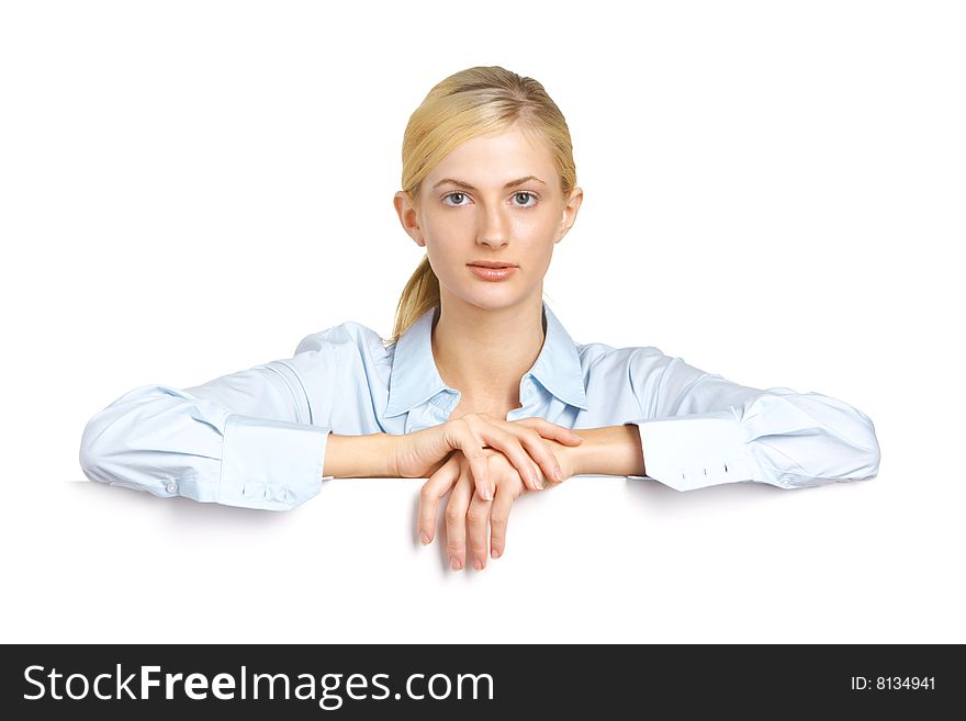 Business Woman looking over blank card