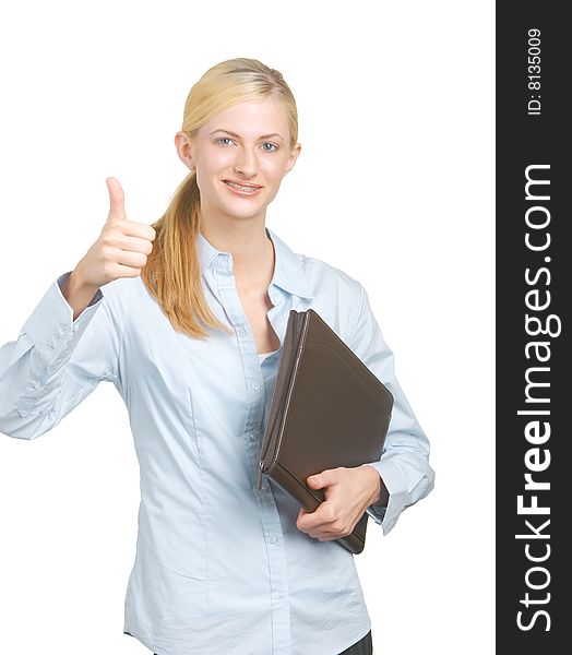 Business woman thumbs up with folio