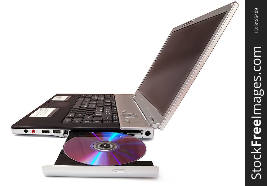 The laptop with opened CD-rom. The laptop with opened CD-rom