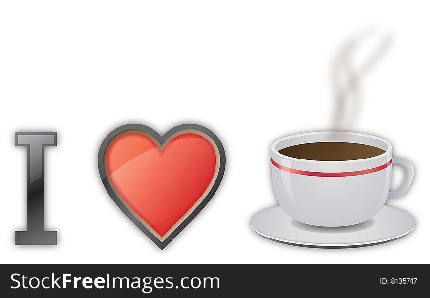 Illustration of a coffee cup banner, with I love coffee.